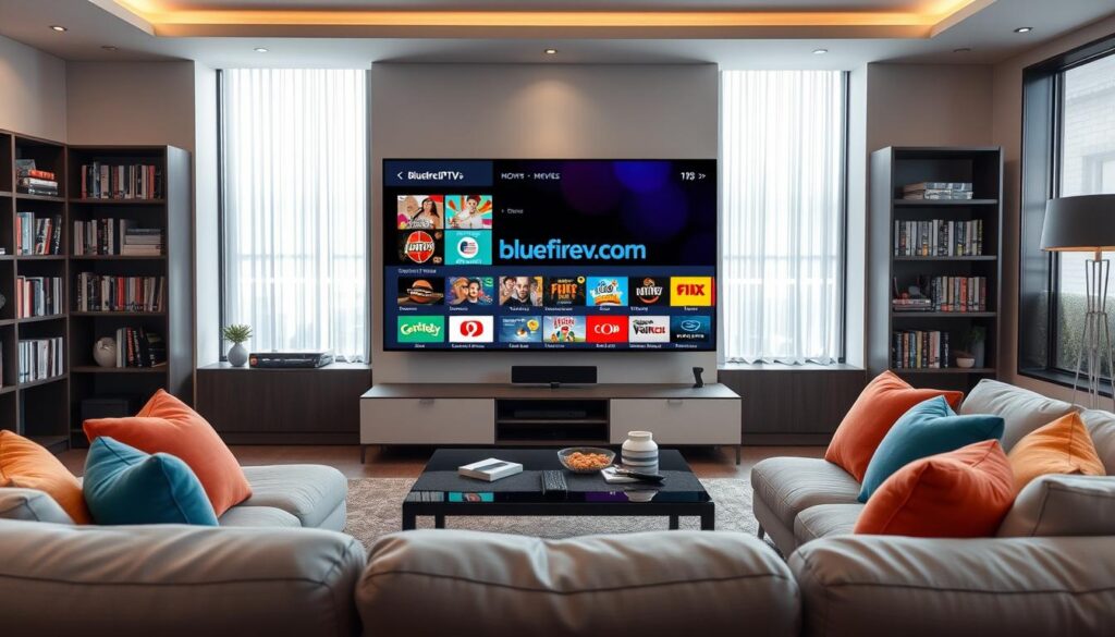 A modern, sleek living room with a large, flat-screen TV displaying a vibrant array of IPTV channel icons, showcasing diverse genres like sports, movies, news, and kids' programming. The foreground features a comfortable sofa adorned with colorful cushions, evoking a cozy atmosphere. In the middle, a stylish coffee table is laid out with a remote control and snacks. The background includes bookshelves with neatly organized DVDs and a large window with soft, natural lighting streaming in, enhancing the inviting vibe. The room is tastefully decorated in neutral tones with a touch of blue accents. The brand name "bluefireiptv.com" subtly integrated into the TV screen's design. The mood is relaxed and welcoming, perfect for family viewing experiences.