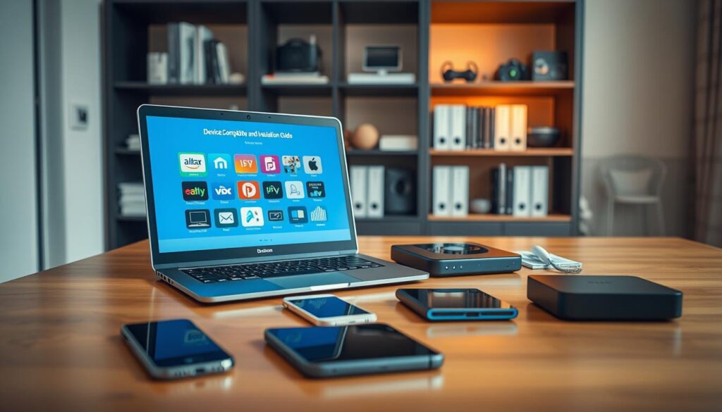 A modern, sleek workspace showcasing a "Device Compatibility and Installation Guide" for IPTV technology. In the foreground, an open laptop displays a user-friendly interface with colorful icons representing various compatible devices like smart TVs, tablets, and streaming boxes, all featuring the brand logo "bluefireiptv.com." The middle layer consists of neatly arranged devices—smartphones, a tablet, and a streaming device—set on a polished wooden desk. The background features a soft-focus bookshelf containing tech manuals and gadgets, illuminated by warm, natural light from a nearby window, creating an inviting atmosphere. The camera angle is slightly above the desk level, capturing the essence of a tech-savvy environment. The mood is professional yet approachable, ideal for guiding users through device compatibility and installation processes.