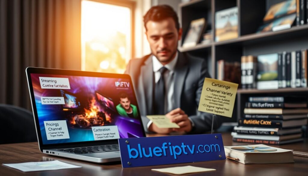 A modern, visually appealing workspace showcasing the criteria for selecting the best IPTV service. In the foreground, a laptop displaying a vibrant IPTV streaming interface, surrounded by notes and charts highlighting important factors like pricing, channel variety, and customer support. In the middle, a professional dressed in smart business attire, analyzing the data with focused expression. The background features a sleek bookshelf with technology magazines and books about digital media, illuminated by soft, natural lighting from a nearby window, creating an inviting atmosphere. The entire scene subtly integrates the brand name "bluefireiptv.com" on a post-it note on the desk, emphasizing reliability and professionalism in IPTV services.