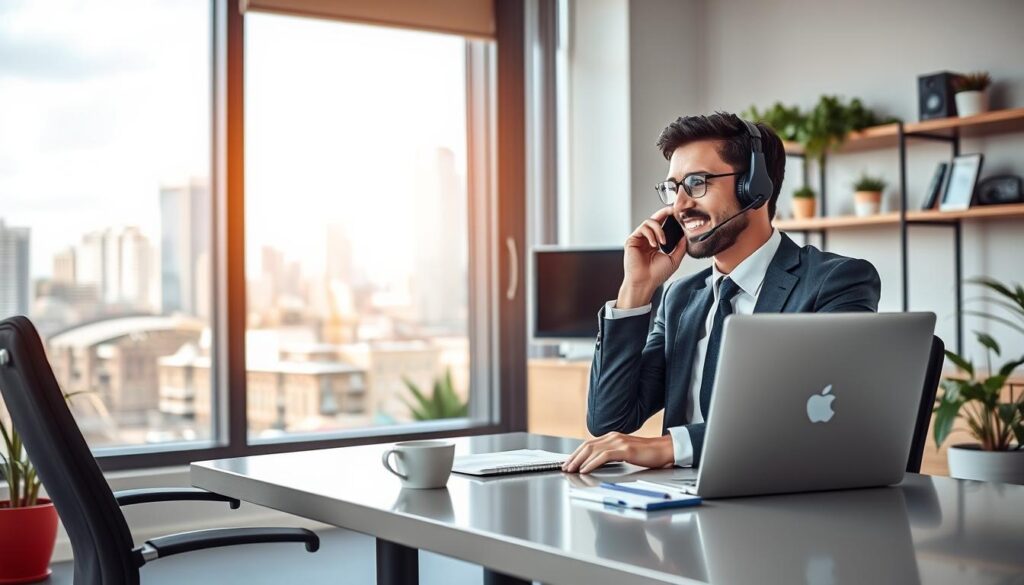 A modern, welcoming customer service office scene focused on support for IPTV services. In the foreground, a professional-looking representative, dressed in smart business attire, is seated at a sleek desk, engaged in a conversation on the phone, wearing a headset. On the desk is a laptop displaying the logo of bluefireiptv.com, along with a notepad and a cup of coffee. In the middle ground, a large window reveals a view of a bustling cityscape, bathed in soft, natural light, creating a warm atmosphere. The background features shelves with IPTV-related media and plants for a touch of greenery. The composition conveys a sense of professionalism, responsiveness, and customer-centric service. The overall mood is friendly and inviting, showcasing the importance of UK-based assistance in the IPTV industry. A modern, welcoming customer service office scene focused on support for IPTV services. In the foreground, a professional-looking representative, dressed in smart business attire, is seated at a sleek desk, engaged in a conversation on the phone, wearing a headset. On the desk is a laptop displaying the logo of bluefireiptv.com, along with a notepad and a cup of coffee. In the middle ground, a large window reveals a view of a bustling cityscape, bathed in soft, natural light, creating a warm atmosphere. The background features shelves with IPTV-related media and plants for a touch of greenery. The composition conveys a sense of professionalism, responsiveness, and customer-centric service. The overall mood is friendly and inviting, showcasing the importance of UK-based assistance in the IPTV industry.