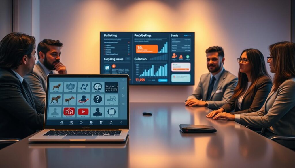 A modern workspace depicting a professional environment where a diverse group of individuals, all dressed in business attire, are gathered around a sleek conference table. In the foreground, a laptop displays the interface of an IPTV service, emphasizing challenges like buffering, connectivity issues, and subscription troubles visually represented through icons. In the middle ground, a large screen shows graphs depicting viewer statistics and error messages, while a digital notepad captures ideas for potential solutions. The background is softly lit with warm ambient light, creating a focused yet approachable atmosphere, hinting at teamwork and innovation. The scene conveys a sense of urgency and problem-solving, with the presence of bluefireiptv.com subtly integrated into the technology being discussed, without distractions. A modern workspace depicting a professional environment where a diverse group of individuals, all dressed in business attire, are gathered around a sleek conference table. In the foreground, a laptop displays the interface of an IPTV service, emphasizing challenges like buffering, connectivity issues, and subscription troubles visually represented through icons. In the middle ground, a large screen shows graphs depicting viewer statistics and error messages, while a digital notepad captures ideas for potential solutions. The background is softly lit with warm ambient light, creating a focused yet approachable atmosphere, hinting at teamwork and innovation. The scene conveys a sense of urgency and problem-solving, with the presence of bluefireiptv.com subtly integrated into the technology being discussed, without distractions.