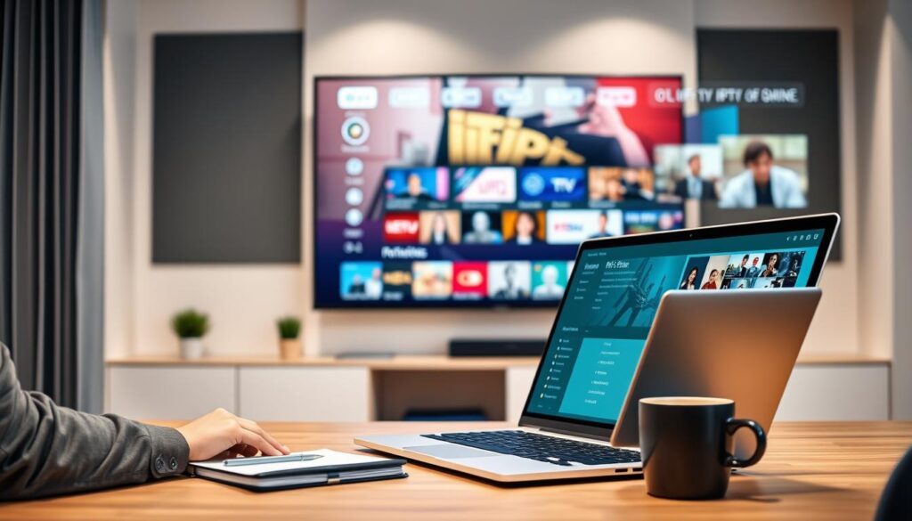 A modern workspace featuring a sleek IPTV player interface on a large, vibrant screen, surrounded by a stylish desk setup that includes a laptop, notepad, and coffee mug. In the foreground, show an open laptop with a user browsing IPTV content, emphasizing user engagement and satisfaction, dressed in professional attire. In the middle ground, integrate a wall-mounted display showing streaming options with high-quality visuals. The background should have soft, ambient lighting to create a focus on the IPTV player while maintaining a warm and inviting atmosphere. Capture a sense of clarity and quality with sharp details, using a slight angle from the left to highlight the user’s intent while bringing attention to the brand "bluefireiptv.com" subtly on the screen.