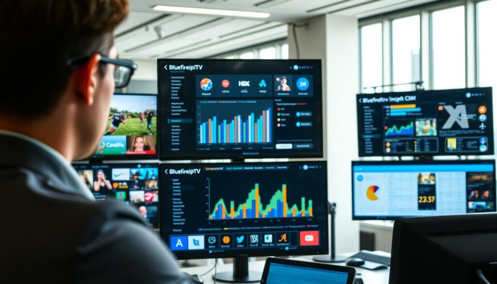 A modern workspace showcasing the process of testing and selecting top IPTV providers. In the foreground, a professional individual, wearing business attire, is analyzing data on multiple screens displaying streaming services, including notable elements from "bluefireiptv.com". The middle layer features charts and graphs comparing different IPTV options, with icons representing various entertainment categories like sports, movies, and news. The background reveals a sleek, well-lit office environment, characterized by large windows letting in natural light, creating an inviting atmosphere. The camera angle is slightly elevated, capturing the busy yet organized setup. The mood is one of focus and determination, emphasizing the careful selection process for budget-conscious streaming options.