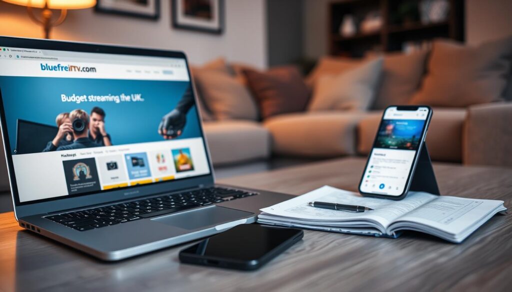 A professional and illustrative image of a practical guide for setting up an IPTV subscription, focusing on budget streaming in the UK. In the foreground, a sleek laptop displaying the website bluefireiptv.com, showing a user-friendly interface. Beside the laptop, an open tablet with an IPTV app screen. In the middle ground, a neat workspace featuring a notepad with organizing notes and a smartphone with streaming details visible. The background showcases a cozy living room setting with a soft sofa and ambient lighting creating a warm and inviting atmosphere. Use a soft-focus lens effect to enhance depth while maintaining clarity on the laptop and tablet. The scene evokes a mood of efficiency and ease, perfect for guiding users through the setup process. No text or watermarks included.