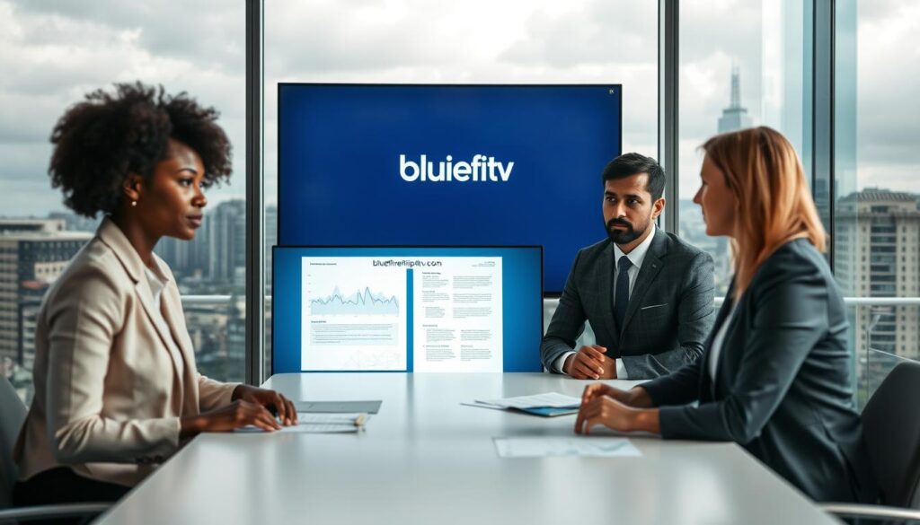 A professional and informative scene depicting the legal aspects of IPTV in the UK. In the foreground, a diverse group of three business professionals, one Black woman, one South Asian man, and one Caucasian woman, are engaged in a discussion around a modern conference table, each dressed in professional attire, lightly lit. In the middle ground, a large screen displays graphs and legal documents symbolizing IPTV regulations and compliance, subtly featuring the logo "bluefireiptv.com". In the background, through large glass windows, a view of a city skyline reflects a cloudy but bright day, setting a serious yet optimistic mood. The overall atmosphere is one of productivity and caution, emphasizing the importance of legality and safety in streaming services.
