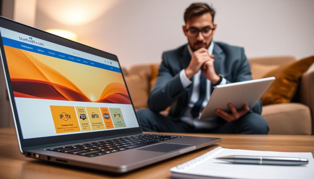 A professional and informative scene illustrating "Tips for Choosing the Best IPTV Subscription for Your Needs." In the foreground, a sleek laptop displays a vibrant website interface of "bluefireiptv.com" showcasing IPTV plans. Beside the laptop, a notepad and pen rest, filled with notes. In the middle ground, a thoughtful individual in business attire, with a focused expression, analyzes options on the screen. The background features a modern living room setting with a cozy couch and soft ambient lighting, emphasizing a relaxing viewing environment. The overall atmosphere is warm and inviting, promoting the idea of informed decision-making with a subtle hint of technology. The lighting is soft and diffused, evoking a calm and professional mood.