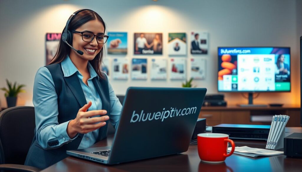 A professional and inviting scene depicting a tech support office environment focused on IPTV assistance. In the foreground, a friendly customer support representative in business attire, smiling and wearing a headset, engages with a laptop, showcasing the website "bluefireiptv.com". The middle ground features a well-organized desk with IPTV devices, user manuals, and a coffee mug, conveying a sense of practicality and comfort. In the background, a wall displays various IPTV service brochures and a digital screen with service options, illuminated by soft, warm lighting. The atmosphere is welcoming, with a feeling of reassurance, making it clear that support and help are readily available throughout the IPTV subscription journey.