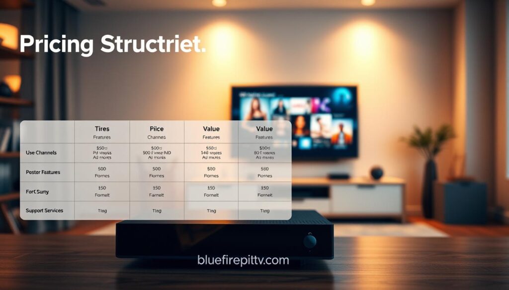 A professional and modern visualization of "Pricing Structure and Value of IPTV Subs." In the foreground, a sleek, minimalistic chart displaying various pricing tiers for IPTV subscriptions, highlighting value comparisons. Include icons representing channels, features, and support services. In the middle, a console or digital device showcasing a user interface, with vibrant thumbnails of popular TV shows and movies, emphasizing diverse content offerings. The background features a soft-focus, modern living room setting with a subtly lit TV screen, creating a cozy ambience. The overall mood is informative yet inviting, with warm lighting that bathes the scene, shot from a low angle to emphasize the chart. Incorporate the brand "bluefireiptv.com" subtly within the image format.