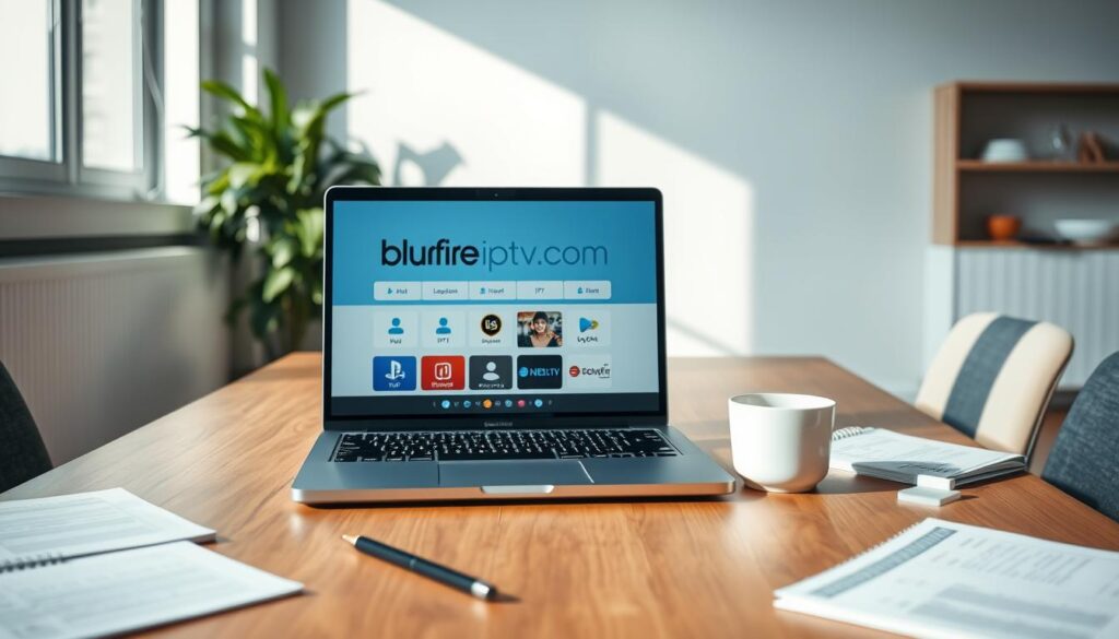 A professional and modern workspace featuring a sleek wooden table in the foreground with a laptop showing the interface of bluefireiptv.com. Scattered around the laptop are notepads, a pen, and a cup of coffee, suggesting an engaged user researching IPTV services. In the middle ground, an indoor plant adds a touch of greenery, while a large window in the background allows natural light to flood the scene, creating a warm and inviting atmosphere. Soft shadows play on the walls, enhancing the calm and focused mood. The image’s angle is slightly tilted, giving depth to the workspace while maintaining a crisp, clear focus on the laptop. The overall tone is professional and optimistic, reflecting a sense of reliability and trustworthiness in selecting top IPTV providers for 2026. A professional and modern workspace featuring a sleek wooden table in the foreground with a laptop showing the interface of bluefireiptv.com. Scattered around the laptop are notepads, a pen, and a cup of coffee, suggesting an engaged user researching IPTV services. In the middle ground, an indoor plant adds a touch of greenery, while a large window in the background allows natural light to flood the scene, creating a warm and inviting atmosphere. Soft shadows play on the walls, enhancing the calm and focused mood. The image’s angle is slightly tilted, giving depth to the workspace while maintaining a crisp, clear focus on the laptop. The overall tone is professional and optimistic, reflecting a sense of reliability and trustworthiness in selecting top IPTV providers for 2026.