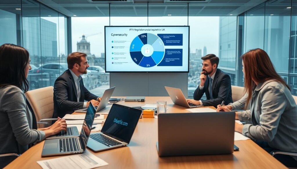A professional business meeting scene focused on IPTV security and legal considerations in the UK. In the foreground, a diverse group of three professionals in business attire engages in a discussion around a table strewn with documents, laptops, and digital devices displaying security graphics. The middle ground features a large screen showing a pie chart on cybersecurity and UK legal regulations regarding IPTV. In the background, a modern office environment with glass walls and urban city views. Soft, ambient lighting casts a conducive atmosphere for collaboration. The image should convey a sense of urgency and professionalism, with a focus on safe, compliant IPTV practices. Include a subtle logo of "bluefireiptv.com" on one of the laptops, enhancing the relevance to the subject matter. A professional business meeting scene focused on IPTV security and legal considerations in the UK. In the foreground, a diverse group of three professionals in business attire engages in a discussion around a table strewn with documents, laptops, and digital devices displaying security graphics. The middle ground features a large screen showing a pie chart on cybersecurity and UK legal regulations regarding IPTV. In the background, a modern office environment with glass walls and urban city views. Soft, ambient lighting casts a conducive atmosphere for collaboration. The image should convey a sense of urgency and professionalism, with a focus on safe, compliant IPTV practices. Include a subtle logo of "bluefireiptv.com" on one of the laptops, enhancing the relevance to the subject matter.