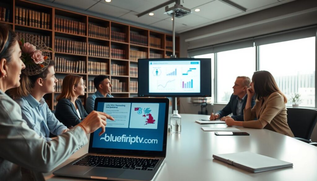 A professional business setting, featuring a diverse group of individuals engaged in a discussion around a modern conference table. In the foreground, a well-dressed woman points at a laptop displaying legal documents related to IPTV services. The middle layer shows a projector displaying charts and graphs about UK IPTV regulations, emphasizing legality and compliance. The background features large windows with natural light pouring in, illuminating a bookshelf filled with legal books and guidelines. The atmosphere is serious yet collaborative, reflecting an intelligent dialogue about the legal considerations in the IPTV landscape. The image should subtly include a logo or branding for "bluefireiptv.com" on the laptop screen. Use soft, focused lighting with a slight depth of field effect to highlight the key subjects in the foreground. A professional business setting, featuring a diverse group of individuals engaged in a discussion around a modern conference table. In the foreground, a well-dressed woman points at a laptop displaying legal documents related to IPTV services. The middle layer shows a projector displaying charts and graphs about UK IPTV regulations, emphasizing legality and compliance. The background features large windows with natural light pouring in, illuminating a bookshelf filled with legal books and guidelines. The atmosphere is serious yet collaborative, reflecting an intelligent dialogue about the legal considerations in the IPTV landscape. The image should subtly include a logo or branding for "bluefireiptv.com" on the laptop screen. Use soft, focused lighting with a slight depth of field effect to highlight the key subjects in the foreground.