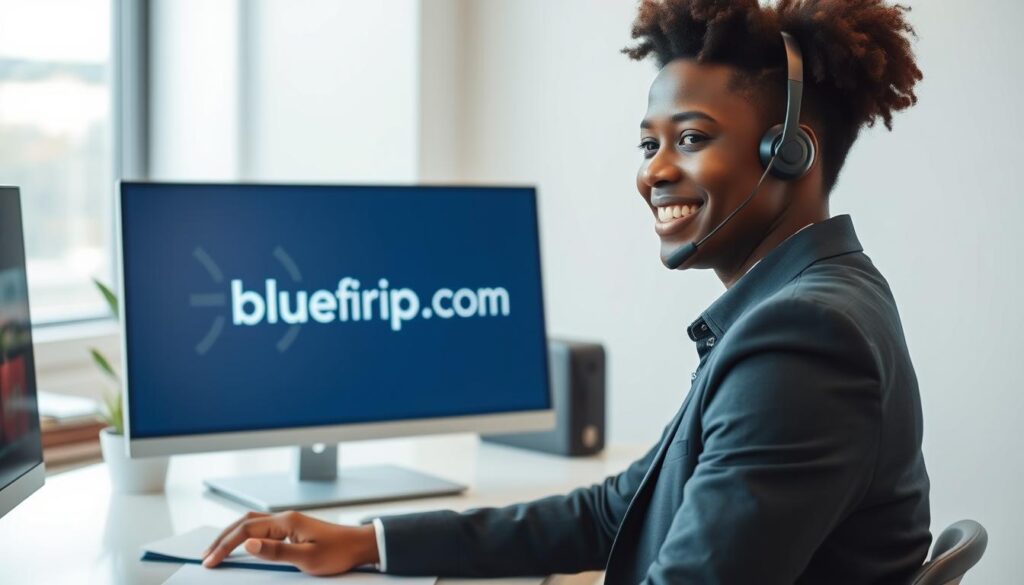 A professional customer support scene depicting a friendly IPTV support representative at a modern desk, engaging with a customer over the phone. The foreground features the representative, a diverse individual wearing a headset, dressed in smart casual attire, with a warm smile conveying reassurance. In the middle of the frame, a sleek computer screen displays the bluefireiptv.com logo, showcasing a user-friendly interface. The background reveals a bright office environment with soft, diffused lighting that creates a welcoming atmosphere. A potted plant and neatly organized documents add a touch of professionalism. The overall mood is calm and supportive, emphasizing dedicated customer service and reliability in the IPTV industry. A professional customer support scene depicting a friendly IPTV support representative at a modern desk, engaging with a customer over the phone. The foreground features the representative, a diverse individual wearing a headset, dressed in smart casual attire, with a warm smile conveying reassurance. In the middle of the frame, a sleek computer screen displays the bluefireiptv.com logo, showcasing a user-friendly interface. The background reveals a bright office environment with soft, diffused lighting that creates a welcoming atmosphere. A potted plant and neatly organized documents add a touch of professionalism. The overall mood is calm and supportive, emphasizing dedicated customer service and reliability in the IPTV industry.