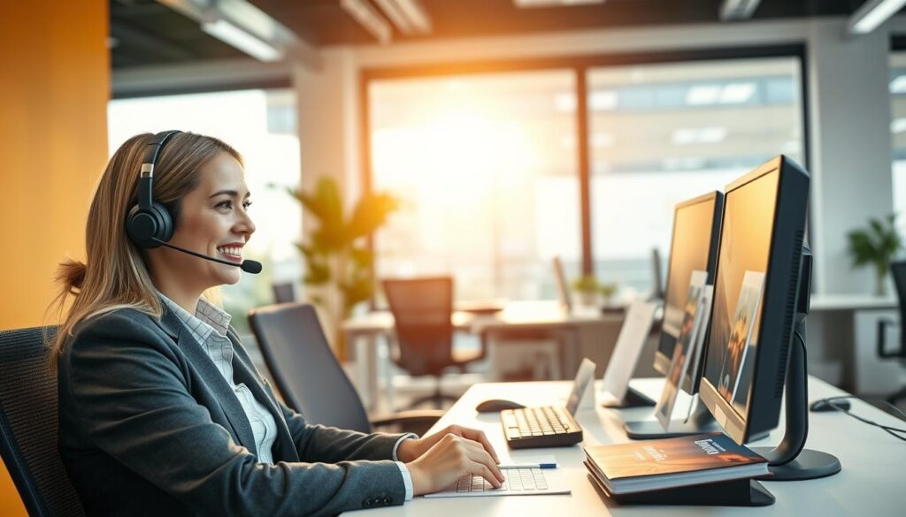A professional customer support scene for IPTV services in the UK, featuring a friendly representative in business attire sitting at a modern desk with a computer, headset, and customer service tools. In the foreground, the representative is engaged with a headset on, smiling as they assist a customer via a video call. The middle layer shows a well-organized workspace with brochures and technical support materials related to IPTV services prominently displayed, while a backdrop of a vibrant office space creates a sense of professionalism. Natural lighting filters in through a window, casting a warm glow across the room. The atmosphere conveys helpfulness, reliability, and expertise. Include the brand "bluefireiptv.com" subtly on the desk materials without being obtrusive. A professional customer support scene for IPTV services in the UK, featuring a friendly representative in business attire sitting at a modern desk with a computer, headset, and customer service tools. In the foreground, the representative is engaged with a headset on, smiling as they assist a customer via a video call. The middle layer shows a well-organized workspace with brochures and technical support materials related to IPTV services prominently displayed, while a backdrop of a vibrant office space creates a sense of professionalism. Natural lighting filters in through a window, casting a warm glow across the room. The atmosphere conveys helpfulness, reliability, and expertise. Include the brand "bluefireiptv.com" subtly on the desk materials without being obtrusive.