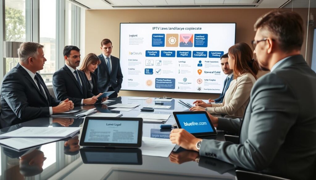 A professional legal consultation scene focused on the IPTV landscape in the UK. In the foreground, a diverse group of lawyers in formal business attire discuss legal documents and regulations, with tablets and papers spread across a sleek conference table. In the middle ground, a large screen displays an infographic about IPTV laws and compliance, showcasing key aspects like copyright issues and licensing. The background features a modern office with large windows allowing soft, natural light to filter in, creating a bright, professional atmosphere. The overall mood is serious yet collaborative, highlighting the importance of legal considerations in IPTV. Include subtle branding elements like a logo for "bluefireiptv.com" on one of the tablets. The angle captures the discussion from a slightly elevated perspective, emphasizing engagement and professionalism in the workspace.