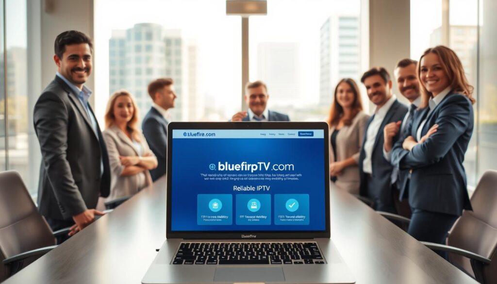 A professional office environment depicting a diverse group of individuals wearing business attire, confidently discussing IPTV services. In the foreground, a laptop screen displays the website "bluefireiptv.com" showcasing reliable IPTV features. The middle ground features a modern conference table surrounded by enthusiastic participants, with charts illustrating trust and reliability metrics in IPTV services. The background reveals a large window with natural light streaming in, highlighting the urban landscape outside, creating a bright and optimistic atmosphere. The scene captures a sense of professionalism and trust, emphasizing the solidity of the IPTV provider. Soft lighting provides a warm yet focused ambiance, enhancing the sense of security and reliability in the service being discussed. A professional office environment depicting a diverse group of individuals wearing business attire, confidently discussing IPTV services. In the foreground, a laptop screen displays the website "bluefireiptv.com" showcasing reliable IPTV features. The middle ground features a modern conference table surrounded by enthusiastic participants, with charts illustrating trust and reliability metrics in IPTV services. The background reveals a large window with natural light streaming in, highlighting the urban landscape outside, creating a bright and optimistic atmosphere. The scene captures a sense of professionalism and trust, emphasizing the solidity of the IPTV provider. Soft lighting provides a warm yet focused ambiance, enhancing the sense of security and reliability in the service being discussed.