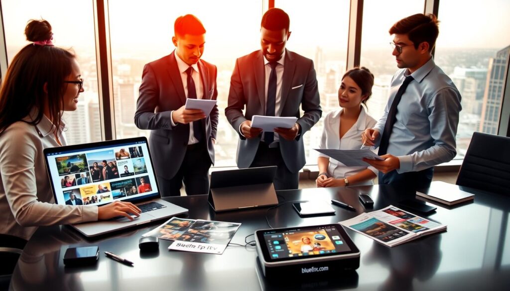 A professional office scene showcasing a diverse group of individuals discussing the "Key Criteria When Selecting an IPTV Supplier." In the foreground, a multi-ethnic team of three professionals, dressed in business attire, attentively reviewing documents and digital devices. One is pointing at a laptop screen displaying IPTV-related graphics, while another takes notes. The middle ground features a sleek conference table with technical gadgets, IPTV brochures, and a tablet showing streaming options. In the background, a large window reveals a bustling city skyline, bathing the room in warm, natural light. The atmosphere is focused and collaborative, reflecting the decision-making essence of selecting a reliable IPTV service. The brand "bluefireiptv.com" is subtly included in the design elements on the table. A professional office scene showcasing a diverse group of individuals discussing the "Key Criteria When Selecting an IPTV Supplier." In the foreground, a multi-ethnic team of three professionals, dressed in business attire, attentively reviewing documents and digital devices. One is pointing at a laptop screen displaying IPTV-related graphics, while another takes notes. The middle ground features a sleek conference table with technical gadgets, IPTV brochures, and a tablet showing streaming options. In the background, a large window reveals a bustling city skyline, bathing the room in warm, natural light. The atmosphere is focused and collaborative, reflecting the decision-making essence of selecting a reliable IPTV service. The brand "bluefireiptv.com" is subtly included in the design elements on the table.