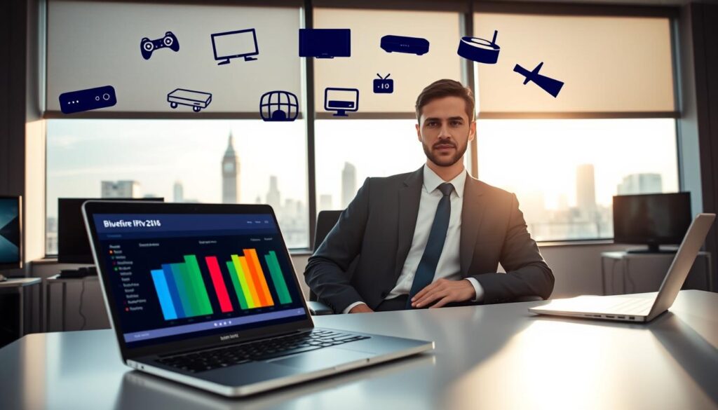 A professional office setting featuring a businessperson in smart attire, seated at a desk surrounded by digital devices displaying a vibrant IPTV interface. In the foreground, an open laptop with a colorful IPTV comparison chart, while various streaming device icons float above, representing the UK providers. The middle ground features a window revealing a glimpse of the London skyline, bathed in soft, natural daylight, creating an inviting atmosphere. The overall mood is focused and informative, portraying the importance of making the right IPTV choice. The image should be clean and professional, with a subtle emphasis on technology and options. Incorporate the brand name "bluefireiptv.com" subtly in the background technology elements, ensuring it does not distract from the main scene. A professional office setting featuring a businessperson in smart attire, seated at a desk surrounded by digital devices displaying a vibrant IPTV interface. In the foreground, an open laptop with a colorful IPTV comparison chart, while various streaming device icons float above, representing the UK providers. The middle ground features a window revealing a glimpse of the London skyline, bathed in soft, natural daylight, creating an inviting atmosphere. The overall mood is focused and informative, portraying the importance of making the right IPTV choice. The image should be clean and professional, with a subtle emphasis on technology and options. Incorporate the brand name "bluefireiptv.com" subtly in the background technology elements, ensuring it does not distract from the main scene.
