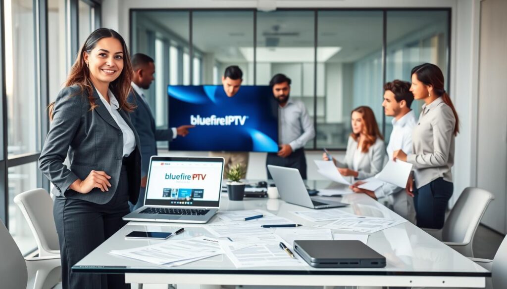 A professional office setting featuring a diverse team of business people focused on IPTV solutions, examining documents and digital screens. In the foreground, a confident woman in smart business attire, pointing at a laptop displaying the "bluefireiptv.com" site, symbolizes support and security in IPTV. The middle ground showcases a modern conference table cluttered with legal documents, a laptop, and a secure server image, representing the legal considerations of IPTV. The background includes large windows with soft natural light filtering in, creating an inviting atmosphere that emphasizes collaboration. Use a slightly elevated angle to capture the team's engagement, ensuring a professional and optimistic mood that reflects a smooth IPTV experience. A professional office setting featuring a diverse team of business people focused on IPTV solutions, examining documents and digital screens. In the foreground, a confident woman in smart business attire, pointing at a laptop displaying the "bluefireiptv.com" site, symbolizes support and security in IPTV. The middle ground showcases a modern conference table cluttered with legal documents, a laptop, and a secure server image, representing the legal considerations of IPTV. The background includes large windows with soft natural light filtering in, creating an inviting atmosphere that emphasizes collaboration. Use a slightly elevated angle to capture the team's engagement, ensuring a professional and optimistic mood that reflects a smooth IPTV experience.