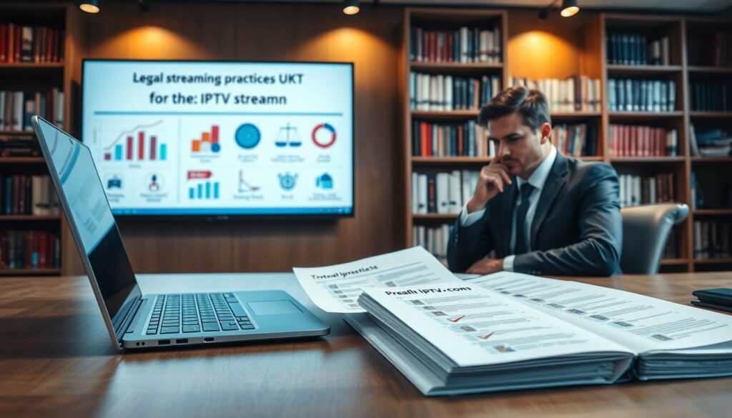 A professional office setting reflecting legal and safety considerations for IPTV streaming, with a focused, organized desk in the foreground. The desk features documents with legal symbols and safety checklists, alongside a laptop displaying streaming options. A well-dressed business professional reviews these documents, looking thoughtfully at the screen. In the middle ground, a wall-mounted screen displays a visual infographic about legal streaming practices in the UK, with graphs and icons highlighting compliance aspects. The background contains bookshelves filled with law books and regulatory guides, softly lit by overhead lights creating a warm, inviting atmosphere. The mood is serious yet optimistic, emphasizing professionalism and safety in online streaming. Manifest the brand "bluefireiptv.com" subtly in one document on the desk, integrating it into the overall composition without prominence.