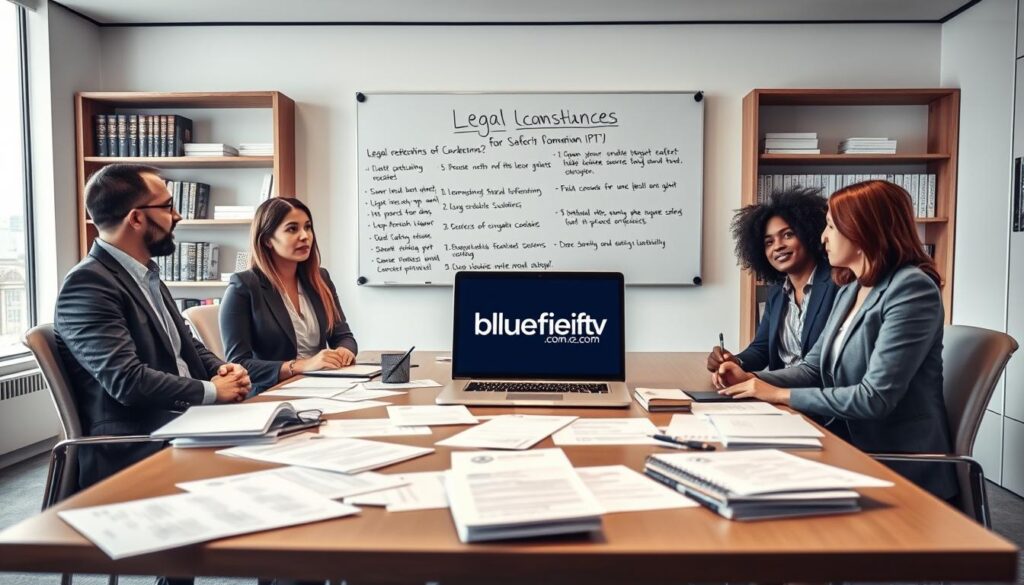 A professional office setting reflecting legal considerations for IPTV in the UK. In the foreground, a diverse group of three professionals in business attire are engaged in a discussion around a large conference table scattered with legal documents and a laptop displaying the bluefireiptv.com website. In the middle ground, a large whiteboard outlines key legal points and guidelines for IPTV service compliance. The background features shelves filled with legal books and a window overlooking a city skyline, with soft natural lighting illuminating the scene. Capture a serious and focused atmosphere, emphasizing diligence in IPTV safety and legal responsibilities. Use a wide-angle lens to convey depth and perspective.