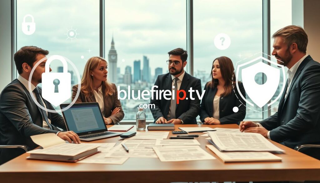 A professional office setting where a group of diverse individuals, dressed in business attire, are engaged in a discussion about IPTV legal and privacy considerations. In the foreground, a table covered with legal documents, a laptop showing legal frameworks, and a tablet displaying privacy policies. The middle layer features a large glass window with a view of the London skyline, symbolizing the UK's regulatory landscape. Soft, ambient lighting creates a serious and informative atmosphere. The background includes abstract representations of digital security, such as a padlock and shield icons subtly integrated into the design. The brand name "bluefireiptv.com" is included in a tasteful manner, enhancing the professional context.
