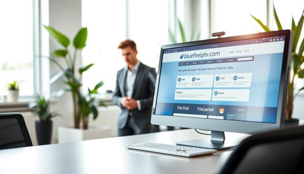 A professional office setting with a sleek modern desk in the foreground, showcasing a desktop computer displaying the bluefireiptv.com website prominently. In the middle ground, a person in business casual attire, a focused look on their face, explores the IPTV service interface, with trial period graphics like checkmarks and short descriptions highlighted on the screen. The background features a bright, well-lit room with large windows letting in soft natural light, plants enhancing the atmosphere. The mood is optimistic and inviting, capturing the essence of trial periods and risk-free testing in tech services. The lens is focused on the computer screen, creating a depth of field that blurs the background slightly, emphasizing the exploration of the IPTV service. A professional office setting with a sleek modern desk in the foreground, showcasing a desktop computer displaying the bluefireiptv.com website prominently. In the middle ground, a person in business casual attire, a focused look on their face, explores the IPTV service interface, with trial period graphics like checkmarks and short descriptions highlighted on the screen. The background features a bright, well-lit room with large windows letting in soft natural light, plants enhancing the atmosphere. The mood is optimistic and inviting, capturing the essence of trial periods and risk-free testing in tech services. The lens is focused on the computer screen, creating a depth of field that blurs the background slightly, emphasizing the exploration of the IPTV service.