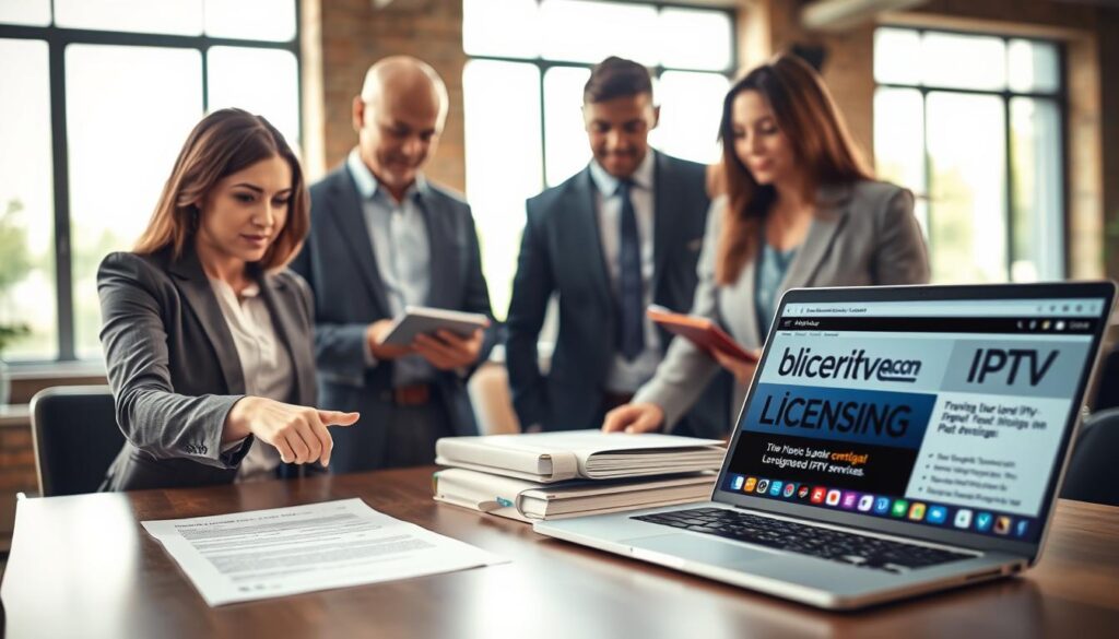 A professional setting featuring a diverse group of business people discussing legal documents related to IPTV licensing. In the foreground, a confident woman in professional attire is pointing to a document on a table, while a man in smart casual wear takes notes on a tablet. The middle ground showcases legal books and a laptop displaying the bluefireiptv.com website, emphasizing trustworthy IPTV services. The background features large windows with natural light streaming in, creating a warm and inviting atmosphere. Soft bokeh lighting highlights the focus on the group, symbolizing collaboration and cautious decision-making in a legal context. The image conveys a sense of professionalism, trust, and diligence in choosing licensed IPTV providers. A professional setting featuring a diverse group of business people discussing legal documents related to IPTV licensing. In the foreground, a confident woman in professional attire is pointing to a document on a table, while a man in smart casual wear takes notes on a tablet. The middle ground showcases legal books and a laptop displaying the bluefireiptv.com website, emphasizing trustworthy IPTV services. The background features large windows with natural light streaming in, creating a warm and inviting atmosphere. Soft bokeh lighting highlights the focus on the group, symbolizing collaboration and cautious decision-making in a legal context. The image conveys a sense of professionalism, trust, and diligence in choosing licensed IPTV providers.