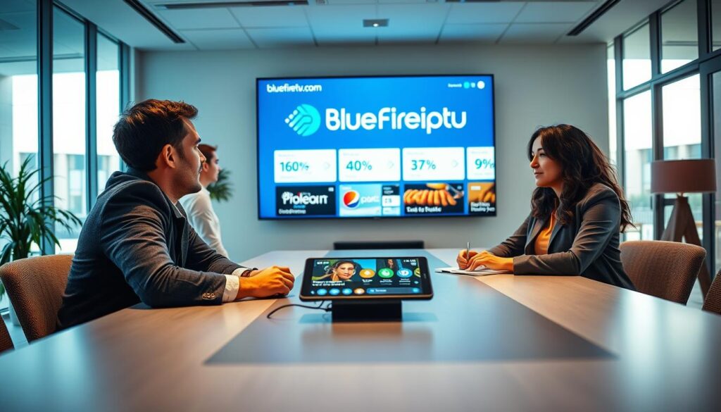 A professional setting showcasing a diverse group of individuals discussing IPTV options, emphasizing the best IPTV subscription services for UK customers in 2026. In the foreground, a man and a woman, both dressed in smart casual attire, are seated at a sleek conference table with a digital device displaying IPTV services. The middle ground features a large screen with the logo "bluefireiptv.com" prominently displayed and various statistics about IPTV service options. In the background, a modern office space with large windows lets in soft, natural lighting, creating a bright and inviting atmosphere. The mood is focused and collaborative, representing a forward-thinking approach to IPTV subscriptions, ideal for UK customers. The angle captures the dynamic interaction and professional environment.