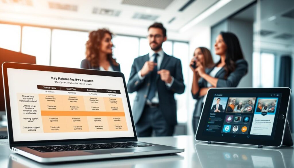A professional workspace depicting the key features to consider when choosing IPTV service providers. In the foreground, a modern laptop displaying a graph comparing various IPTV features like channel variety, streaming quality, and customer support. To the side, a tablet shows a user-friendly interface of an IPTV app. In the middle ground, a diverse group of three business professionals, dressed in smart casual attire, engaged in a thoughtful discussion, pointing at the laptop screen. The background features a sleek office environment with soft, natural lighting highlighting the tech-savvy atmosphere. Overall, the mood is informative and collaborative, emphasizing thorough research and selection for IPTV services. The brand logo "bluefireiptv.com" subtly integrated into the laptop screen design.