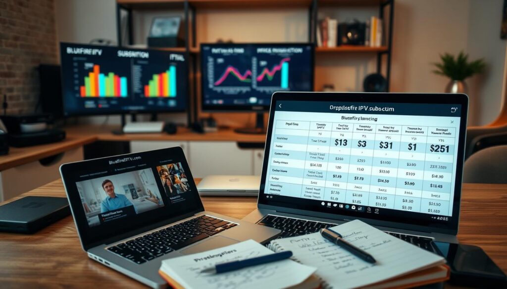 A professional workspace scene comparing IPTV subscription plans. In the foreground, a sleek laptop displays a well-organized table outlining various IPTV plans with pricing, features, and trial offers, emphasizing the brand "bluefireiptv.com". Beside the laptop, a notepad with handwritten notes and a smartphone showing a video call with a trusted provider. In the middle ground, a large monitor shows colorful graphs comparing prices visually. The background features a tidy office shelf with tech gadgets and books about media consumption. Soft, warm lighting fills the room, creating a focused yet inviting atmosphere. Use a slight overhead angle to capture the workspace effectively, ensuring a professional portrayal of decision-making in the IPTV purchasing process. A professional workspace scene comparing IPTV subscription plans. In the foreground, a sleek laptop displays a well-organized table outlining various IPTV plans with pricing, features, and trial offers, emphasizing the brand "bluefireiptv.com". Beside the laptop, a notepad with handwritten notes and a smartphone showing a video call with a trusted provider. In the middle ground, a large monitor shows colorful graphs comparing prices visually. The background features a tidy office shelf with tech gadgets and books about media consumption. Soft, warm lighting fills the room, creating a focused yet inviting atmosphere. Use a slight overhead angle to capture the workspace effectively, ensuring a professional portrayal of decision-making in the IPTV purchasing process.