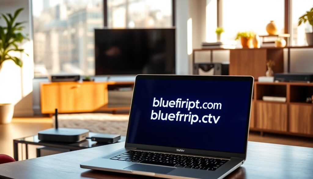 A professional workspace showcasing various IPTV providers prominently features an elegant laptop displaying the website "bluefireiptv.com" in the foreground. The middle ground includes sleek, modern devices such as smart TVs and streaming boxes, arranged on a stylish desk. In the background, a large window allows natural light to stream in, creating a bright and inviting atmosphere. Subtle plants and decorative elements on shelves add warmth and professionalism. The scene is captured with a soft-focus lens effect, emphasizing the laptops and devices, while the ambient lighting enhances the tech-savvy mood. The overall atmosphere feels modern, trustworthy, and conducive to quality streaming, reflecting a selection of additional trusted IPTV providers worth considering.