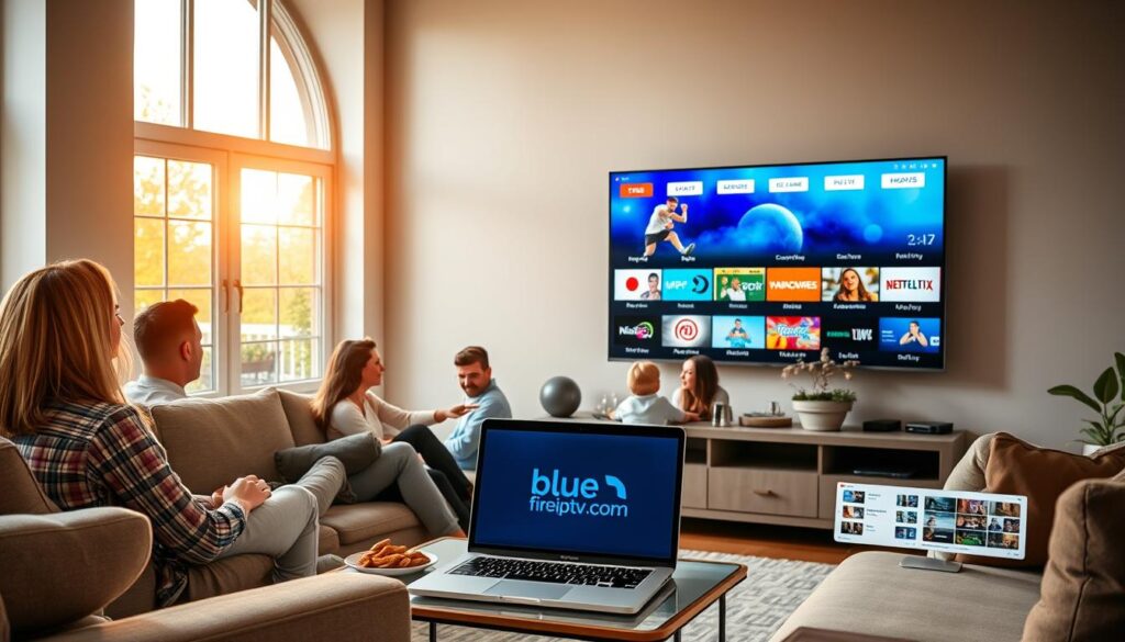 A serene living room setup depicting the benefits of UK IPTV in 2026. In the foreground, a modern smart TV shows a vibrant interface of IPTV channels featuring sports, movies, and international content. A comfortable couch is filled with a diverse family watching together, all dressed in casual attire, enjoying the experience. The middle ground includes a stylish coffee table with snacks and a laptop displaying the bluefireiptv.com website, emphasizing seamless access to quality streams. The background reveals a large window letting in warm, natural light, creating a welcoming atmosphere. The overall vibe is relaxed and inviting, showcasing the advantages of UK IPTV in enhancing entertainment experiences. A serene living room setup depicting the benefits of UK IPTV in 2026. In the foreground, a modern smart TV shows a vibrant interface of IPTV channels featuring sports, movies, and international content. A comfortable couch is filled with a diverse family watching together, all dressed in casual attire, enjoying the experience. The middle ground includes a stylish coffee table with snacks and a laptop displaying the bluefireiptv.com website, emphasizing seamless access to quality streams. The background reveals a large window letting in warm, natural light, creating a welcoming atmosphere. The overall vibe is relaxed and inviting, showcasing the advantages of UK IPTV in enhancing entertainment experiences.