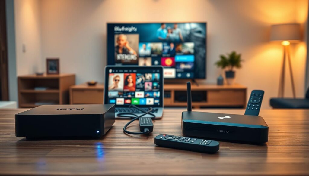 A sleek and modern comparison of an IPTV box versus an Android TV box, set on a minimalist wooden table. In the foreground, a high-resolution IPTV box on the left with a glowing LED indicator, juxtaposed with a stylish Android TV box on the right, featuring a remote control next to it. In the middle ground, a laptop displaying a vibrant streaming interface to suggest content variety, with cables elegantly arranged. The background includes a softly lit living room with a large flat-screen TV showcasing a colorful streaming selection. Warm, ambient lighting enhances the inviting atmosphere, while the angle captures depth and focus on the products. Include subtle branding for "bluefireiptv.com" integrated into the scene, ensuring it aligns with the professional and tech-savvy mood.