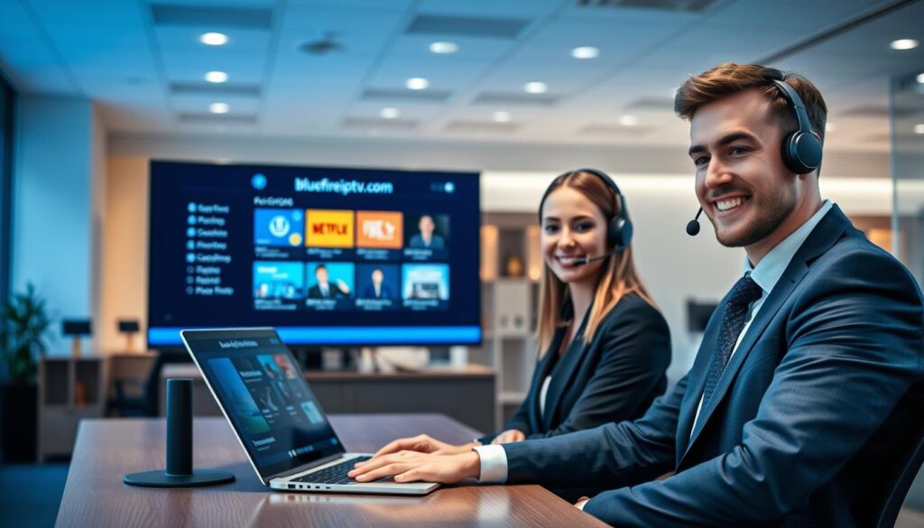 A sleek and modern customer service center focused on IPTV support. In the foreground, a friendly customer service representative wearing smart business attire sits at a desk, engaging with a headset and a laptop open to the website bluefireiptv.com. In the middle ground, a digital screen displays a user-friendly interface showcasing various IPTV packages and customer support options. The background features a well-organized office environment, with calming blue tones and soft ambient lighting to create a welcoming atmosphere. The image should be captured from a slightly elevated angle to offer an overview of the workspace, enhancing the feeling of professionalism and approachability, while conveying the message of support and assistance available to customers.