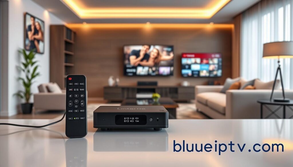 A sleek and modern digital setup showcasing the key features of IPTV players. In the foreground, a stylish IPTV player is prominently displayed with intuitive remote control and an LED screen featuring a vibrant interface, symbolizing seamless streaming. The middle ground includes a stylish living room setting with a cozy sofa and a large flat-screen TV displaying various streaming options, emphasizing user happiness and engagement. The background is a softly lit room with minimalistic decor, enhancing the focus on technology. Use warm, inviting lighting to create a comfortable atmosphere. Capture the scene from a slightly elevated angle to convey depth, ensuring a professional tone. Incorporate subtle branding elements of "bluefireiptv.com" to suggest reliability and modernity without being intrusive.