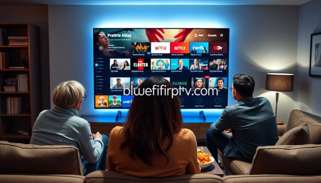 A sleek and modern home entertainment setup featuring a large smart TV displaying an IPTV interface showcasing various channels and streaming options. In the foreground, a diverse group of three UK viewers of different ages and ethnic backgrounds, dressed in smart casual attire, are engrossed in the experience. The middle ground displays a stylish, contemporary living room with cozy seating, soft lighting, and a coffee table filled with snacks, creating a warm atmosphere. The background subtly includes decorative elements like a bookshelf and wall art, emphasizing a comfortable home environment. The lighting is soft and inviting, enhancing the mood of relaxation and enjoyment while emphasizing the technology's streamlining of television viewing. Incorporate the brand name "bluefireiptv.com" subtly in the design of the TV interface, blending naturally into the scene.