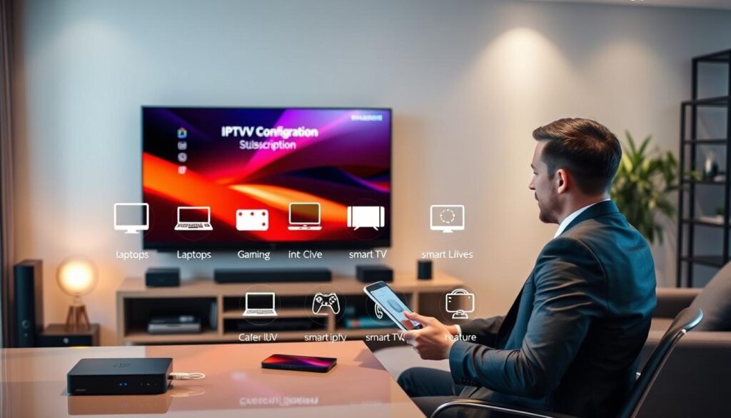 A sleek and modern home office setup featuring a large flat-screen TV displaying a vibrant IPTV interface, accompanied by various devices like a streaming box, tablet, and smartphone. In the foreground, a professional-looking person in business attire is seated at a stylish desk, focused on configuring the IPTV subscription on their tablet. The middle layer includes digital icons representing compatibility with various devices like laptops, gaming consoles, and smart TVs. In the background, soft ambient lighting creates a cozy yet professional atmosphere, emphasizing a clean, organized workspace. Overall, the image reflects a sense of ease and modern connectivity, clearly illustrating the concept of "Device Compatibility and Setup Guide for IPTV Subscription UK" while subtly incorporating the brand identity of "bluefireiptv.com". A sleek and modern home office setup featuring a large flat-screen TV displaying a vibrant IPTV interface, accompanied by various devices like a streaming box, tablet, and smartphone. In the foreground, a professional-looking person in business attire is seated at a stylish desk, focused on configuring the IPTV subscription on their tablet. The middle layer includes digital icons representing compatibility with various devices like laptops, gaming consoles, and smart TVs. In the background, soft ambient lighting creates a cozy yet professional atmosphere, emphasizing a clean, organized workspace. Overall, the image reflects a sense of ease and modern connectivity, clearly illustrating the concept of "Device Compatibility and Setup Guide for IPTV Subscription UK" while subtly incorporating the brand identity of "bluefireiptv.com".