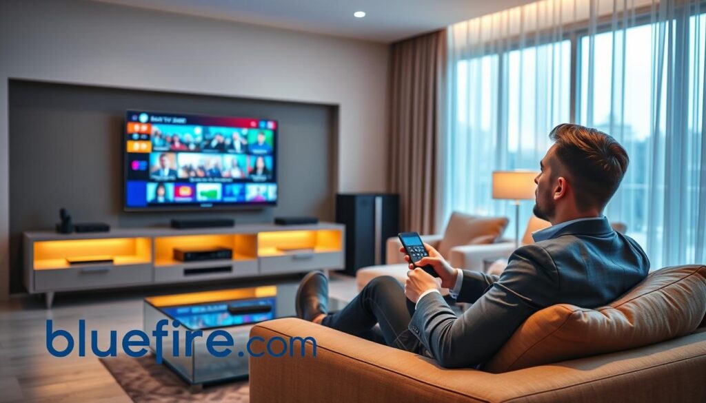 A sleek and modern living room featuring a large flat-screen TV displaying vibrant streaming content. In the foreground, a professional-looking person in smart casual attire sits on a comfortable sofa, a remote in hand, deeply engaged in watching. The middle ground showcases a stylish entertainment center with IPTV equipment and various streaming icons subtly integrated into the decor. The background features a large window with natural light streaming in, creating an inviting atmosphere. The colors are warm and inviting, emphasizing comfort and high-quality viewing. The overall mood conveys the excitement and advantages of advanced UK IPTV services, highlighting their superior streaming quality and user experience. Include a decorative element with the brand name "bluefireiptv.com" subtly incorporated into the design without text.