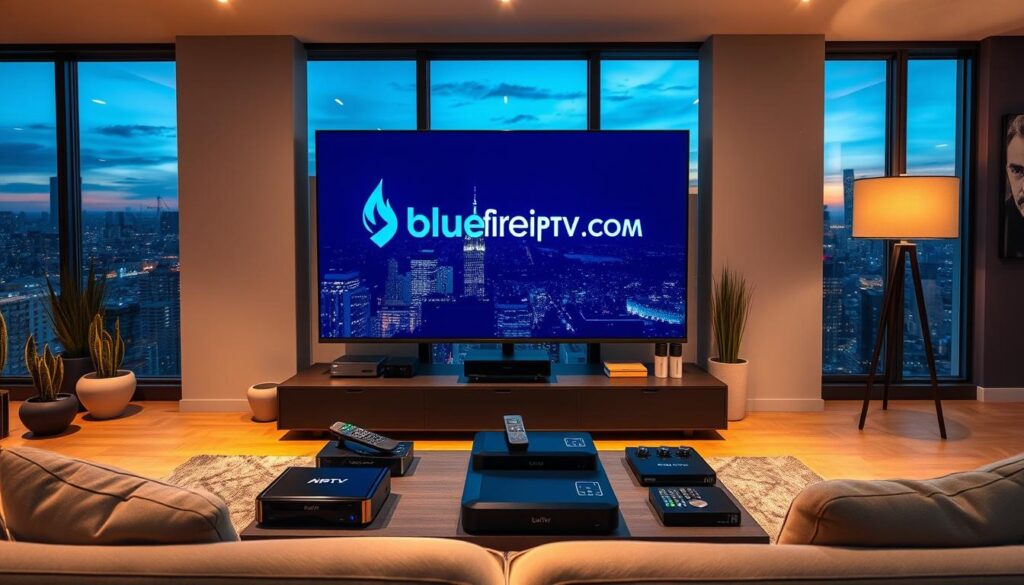A sleek and modern living room featuring a large, ultra-high-definition 4K television displaying the bluefireiptv.com logo prominently on the screen, surrounded by an array of IPTV devices like streaming boxes and remote controls neatly arranged on a stylish coffee table. In the foreground, a comfortable sofa is centered, with a cozy atmosphere enhanced by warm lighting from a contemporary lamp. In the middle ground, there are decorative elements like potted plants and art on the walls that suggest a tech-savvy home environment. The background features a window showing a vibrant cityscape at dusk, symbolizing connectivity and high-quality entertainment. The overall mood is inviting and futuristic, emphasizing the sophistication of IPTV 4K technology.