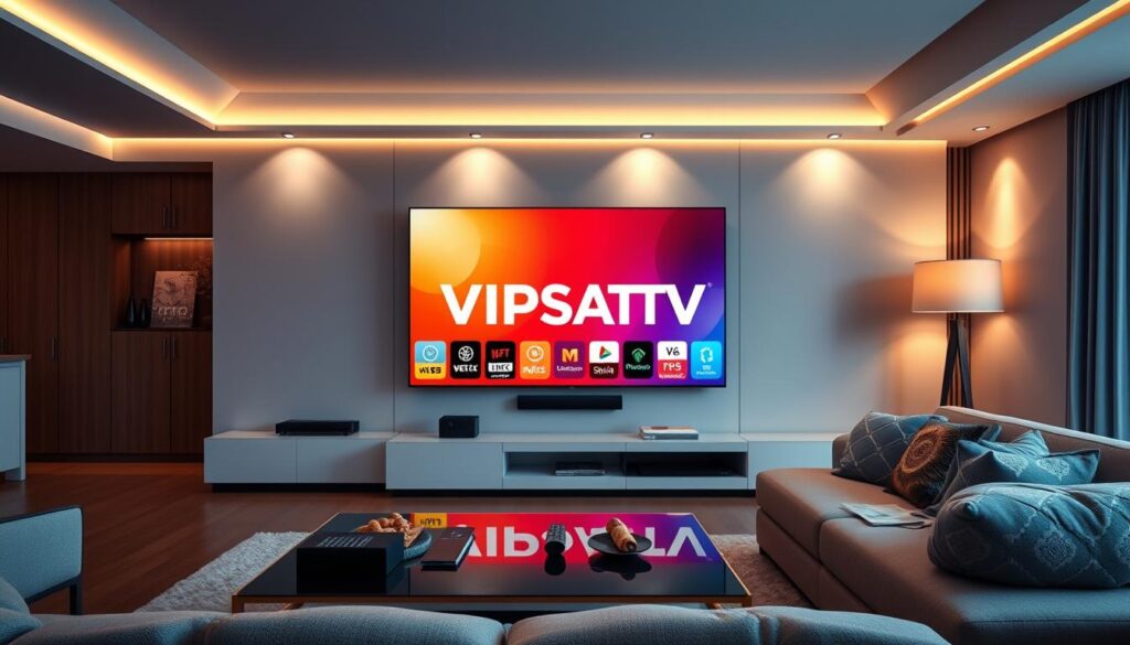 A sleek and modern living room interior featuring a large, high-definition television displaying the VIPSATV interface, showcasing vibrant icons and a user-friendly layout. In the foreground, a stylish coffee table holds a remote control and some snacks, suggesting a cozy viewing experience. The middle ground includes comfortable seating arranged for optimal viewing, perhaps a plush sofa with decorative cushions. The background should feature a soft, ambient light source, enhancing the mood of relaxation, with warm tones illuminating the space. The overall atmosphere is inviting and contemporary, emphasizing the advanced features of VIPSATV. The brand name "bluefireiptv.com" should subtly merge into the design of the television screen, enhancing the focus without overwhelming the scene. A sleek and modern living room interior featuring a large, high-definition television displaying the VIPSATV interface, showcasing vibrant icons and a user-friendly layout. In the foreground, a stylish coffee table holds a remote control and some snacks, suggesting a cozy viewing experience. The middle ground includes comfortable seating arranged for optimal viewing, perhaps a plush sofa with decorative cushions. The background should feature a soft, ambient light source, enhancing the mood of relaxation, with warm tones illuminating the space. The overall atmosphere is inviting and contemporary, emphasizing the advanced features of VIPSATV. The brand name "bluefireiptv.com" should subtly merge into the design of the television screen, enhancing the focus without overwhelming the scene.