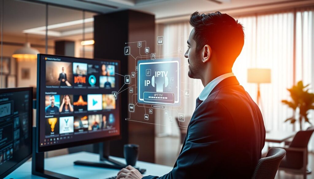 A sleek and modern workspace, depicting a person in professional business attire, actively engaging with IPTV technology. In the foreground, a sophisticated computer setup displaying streaming applications and vibrant IPTV interface visuals. The middle layer features an interactive holographic representation of Internet Protocol Television, showcasing various streaming channels and digital connections. The background includes a stylish office environment with soft ambient lighting, enhancing the tech-savvy atmosphere. Use a wide-angle lens perspective to capture the entire scene. The mood is innovative and forward-thinking, illustrating the future of television viewing. Incorporate subtle branding elements related to "bluefireiptv.com" in the design, ensuring no text or captions are present.