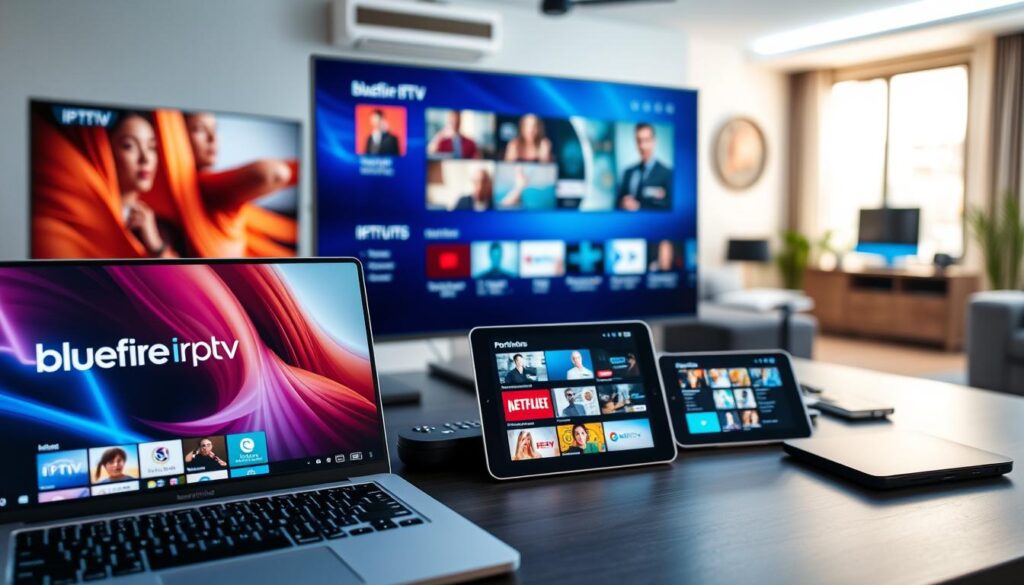A sleek and modern workspace showcasing various IPTV players on multiple screens. In the foreground, a laptop displays the "bluefireiptv.com" interface with vibrant streaming content. In the middle, a large smart TV shows a user-friendly IPTV menu, alongside a tablet showing a dedicated application for mobile streaming. Behind them, a professional business desk with organized tech accessories and ambient LED lighting creates a tech-savvy atmosphere. The background features a blurred view of a cozy living room, emphasizing a home entertainment setup. The lighting is bright and inviting, enhancing the mood of quality streaming and connectivity. Use a wide-angle perspective to capture the technological ecosystem while focusing on the IPTV players as central elements.
