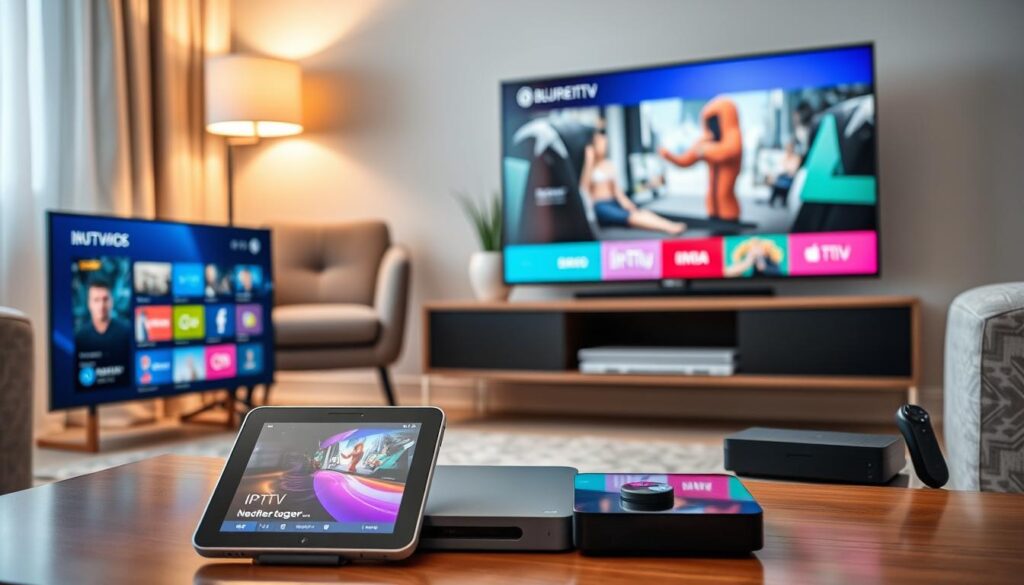 A sleek living room scene showcasing various devices compatible with IPTV from bluefireiptv.com. In the foreground, a modern smart TV displays vibrant streaming options, alongside a tablet and a smartphone, illustrating versatility. In the middle, an elegantly designed gaming console and a media streaming device sit on a stylish console table. The background features a cozy armchair with a subtle decorative plant beside it, creating a homey atmosphere. Soft, ambient lighting highlights the devices, casting gentle reflections. The lens captures a warm, inviting angle, emphasizing the ease of accessing IPTV on multiple gadgets. The overall mood conveys comfort and technology seamlessly blending in home entertainment. A sleek living room scene showcasing various devices compatible with IPTV from bluefireiptv.com. In the foreground, a modern smart TV displays vibrant streaming options, alongside a tablet and a smartphone, illustrating versatility. In the middle, an elegantly designed gaming console and a media streaming device sit on a stylish console table. The background features a cozy armchair with a subtle decorative plant beside it, creating a homey atmosphere. Soft, ambient lighting highlights the devices, casting gentle reflections. The lens captures a warm, inviting angle, emphasizing the ease of accessing IPTV on multiple gadgets. The overall mood conveys comfort and technology seamlessly blending in home entertainment.