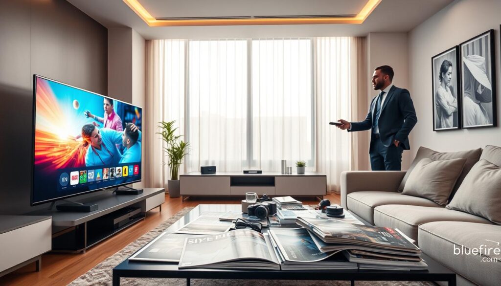 A sleek living room setting showcasing the modern experience of IPTV service quality. In the foreground, a stylish flat-screen TV displays vibrant streaming content, symbolizing high-definition quality. Beside the TV, a user interacts with a smart remote, dressed in professional business attire. The middle layer features a coffee table cluttered with tech magazines about IPTV services and gadgets. The background reveals a large window allowing soft, natural light to filter in, creating a warm and inviting atmosphere. The walls are adorned with contemporary artwork, representing efficiency and innovation. The overall mood is professional yet relaxed, emphasizing the importance of selecting a quality provider, with discreet branding of “bluefireiptv.com” subtly integrated into the decor.
