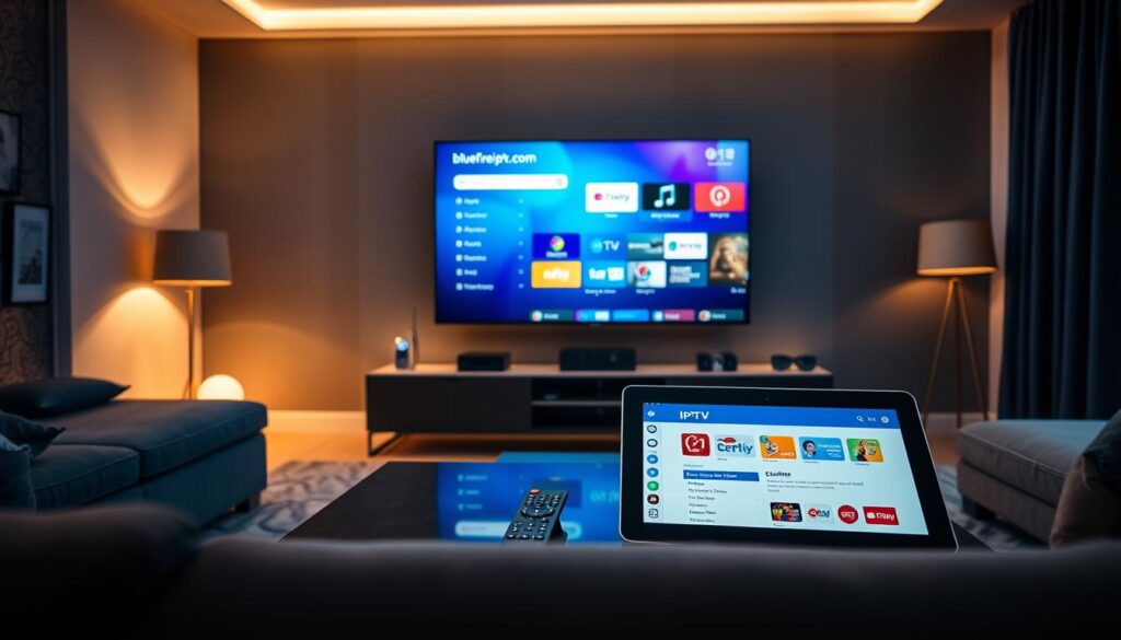 A sleek living room setup showcasing IPTV technology as the focal point. In the foreground, a modern smart TV displaying a vibrant IPTV interface with various channel options and streaming services, emanating a soft glow. The middle ground features a stylish coffee table with a remote control and a tablet showing an IPTV subscription page, emphasizing usability. The background reveals a cozy ambiance with smart home devices subtly integrated, dim lighting creating a relaxed mood. The room's decor reflects a contemporary style, with minimalism and comfort in mind. The company logo "bluefireiptv.com" subtly highlighted on the screen. The overall atmosphere projects innovation and convenience, ideal for a tech-savvy audience. A sleek living room setup showcasing IPTV technology as the focal point. In the foreground, a modern smart TV displaying a vibrant IPTV interface with various channel options and streaming services, emanating a soft glow. The middle ground features a stylish coffee table with a remote control and a tablet showing an IPTV subscription page, emphasizing usability. The background reveals a cozy ambiance with smart home devices subtly integrated, dim lighting creating a relaxed mood. The room's decor reflects a contemporary style, with minimalism and comfort in mind. The company logo "bluefireiptv.com" subtly highlighted on the screen. The overall atmosphere projects innovation and convenience, ideal for a tech-savvy audience.
