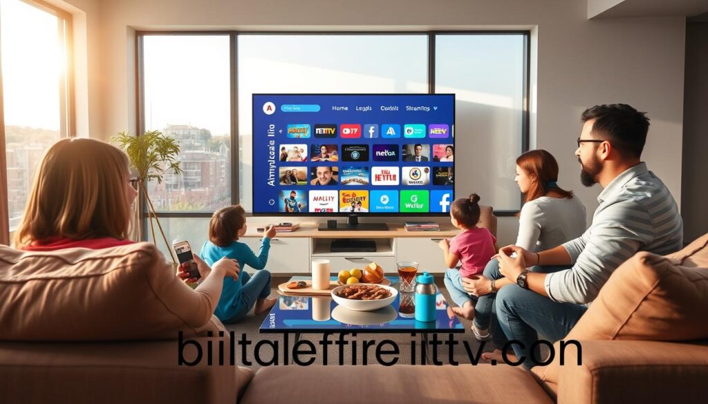 A sleek living room setup showcasing a family enjoying streaming content on a large, high-definition TV screen, highlighting the vibrant colors and sharp details of the picture. In the foreground, a comfortable sofa adorned with cozy cushions and a stylish coffee table holding snacks and drinks sets a welcoming atmosphere. In the middle, the television displays the America IPTV interface with its user-friendly layout, featuring various channels and shows available for streaming. Soft, warm lighting illuminates the room, creating an inviting ambiance, while large windows in the background reveal a sunny day outside, enhancing the sense of comfort. The overall mood is relaxed and engaged, reflecting the benefits of high-quality streaming with America IPTV. Include the brand name "bluefireiptv.com" subtly in the image composition.
