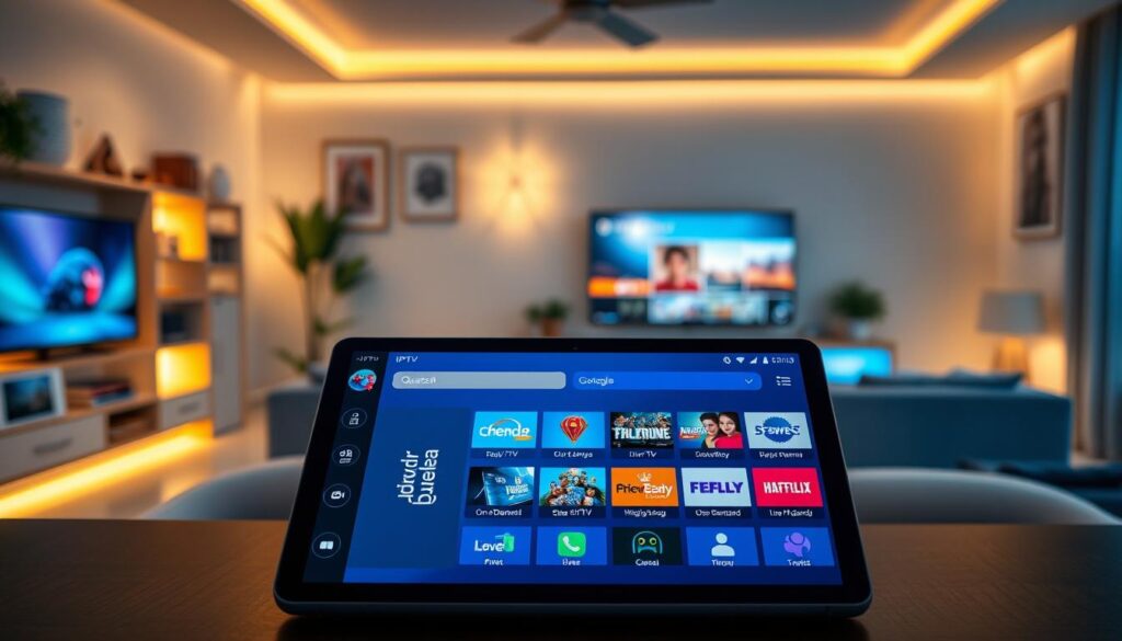 A sleek, modern IPTV app interface displayed on a high-resolution tablet in the foreground, showcasing vibrant thumbnails of various streaming options. Surround the tablet with icons representing features like live TV, on-demand content, and user-friendly navigation. In the middle ground, visualize an organized living room setup with a comfortable couch and a large screen displaying the IPTV app, glowing softly to create an inviting atmosphere. The background features a cozy ambiance with warm, soft lighting that highlights the ease of use of the application, emphasizing seamless streaming. Include the brand name "bluefireiptv.com" subtly integrated into the design of the tablet interface. The overall mood should be professional yet approachable, reflecting modern technology in home entertainment.