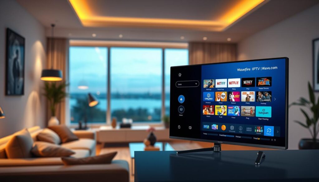 A sleek, modern IPTV player interface displayed prominently in the foreground, featuring vibrant colors and an easy-to-navigate user layout. The screen showcases a variety of streaming options with a user-friendly design, emphasizing smooth performance and versatility. In the middle ground, a stylish living room environment with contemporary furnishings adds a cozy atmosphere, illuminated by soft ambient lighting that suggests relaxation and enjoyment. In the background, a subtle window view reveals a calm evening setting, hinting at a perfect streaming night. The scene conveys a sense of innovation and modern technology, encapsulating the essence of Wave IPTV. Include the brand name "bluefireiptv.com" subtly integrated into the design of the IPTV player. The image should feel inviting and engaging, drawing viewers into the experience without any captions or watermarks.