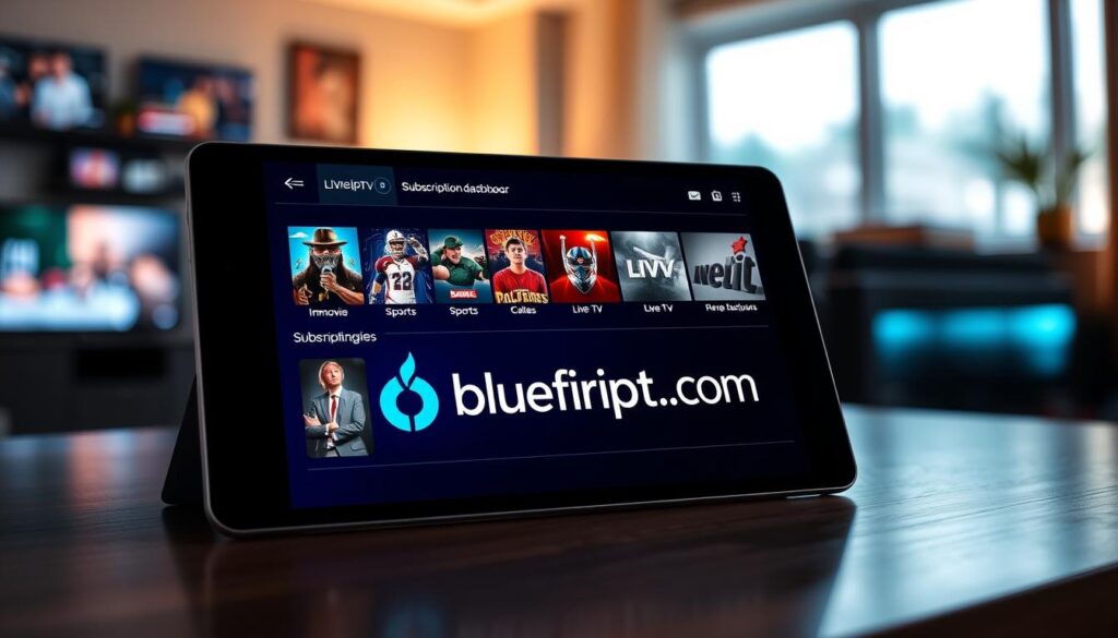 A sleek, modern digital dashboard interface showcasing the "NEXOMIR IPTV Subscription Overview." In the foreground, display vibrant icons representing various streaming categories like movies, sports, and live TV. The middle ground features a sophisticated tablet with a glowing screen, displaying the bluefireiptv.com logo prominently. The background contains a blurred living room scene, suggesting a cozy entertainment space, with soft, ambient lighting creating a warm and inviting atmosphere. Use a slightly angled perspective to present the tablet, emphasizing its modern design. The overall mood is engaging and tech-savvy, reflecting innovation and value in the IPTV subscription service.