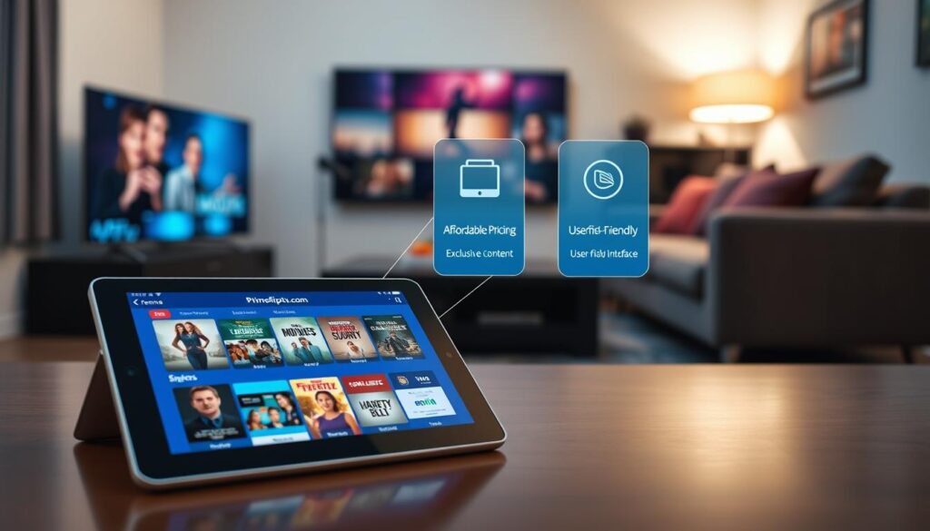 A sleek, modern digital display showcasing various Prime Streaming subscription plans and features, prominently featuring the logo of "bluefireiptv.com". In the foreground, a stylish tablet with a vibrant interface displaying a range of content genres such as movies, series, and live TV options. In the middle, floating graphics illustrating key features like "Affordable Pricing," "Exclusive Content," and "User-Friendly Interface", with icons representing each feature. The background features a cozy living room setting with a large TV, comfortable couch, and soft lighting to create a warm, inviting atmosphere. The scene has a polished, professional look, illuminated by soft ambient light to enhance the mood of comfort and entertainment. The viewpoint is slightly angled, focusing on the tablet and content display, aiming for clarity and visual appeal. A sleek, modern digital display showcasing various Prime Streaming subscription plans and features, prominently featuring the logo of "bluefireiptv.com". In the foreground, a stylish tablet with a vibrant interface displaying a range of content genres such as movies, series, and live TV options. In the middle, floating graphics illustrating key features like "Affordable Pricing," "Exclusive Content," and "User-Friendly Interface", with icons representing each feature. The background features a cozy living room setting with a large TV, comfortable couch, and soft lighting to create a warm, inviting atmosphere. The scene has a polished, professional look, illuminated by soft ambient light to enhance the mood of comfort and entertainment. The viewpoint is slightly angled, focusing on the tablet and content display, aiming for clarity and visual appeal.